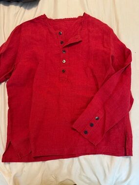 100% Linen Kol Men's Red Casual Button-Down Henley